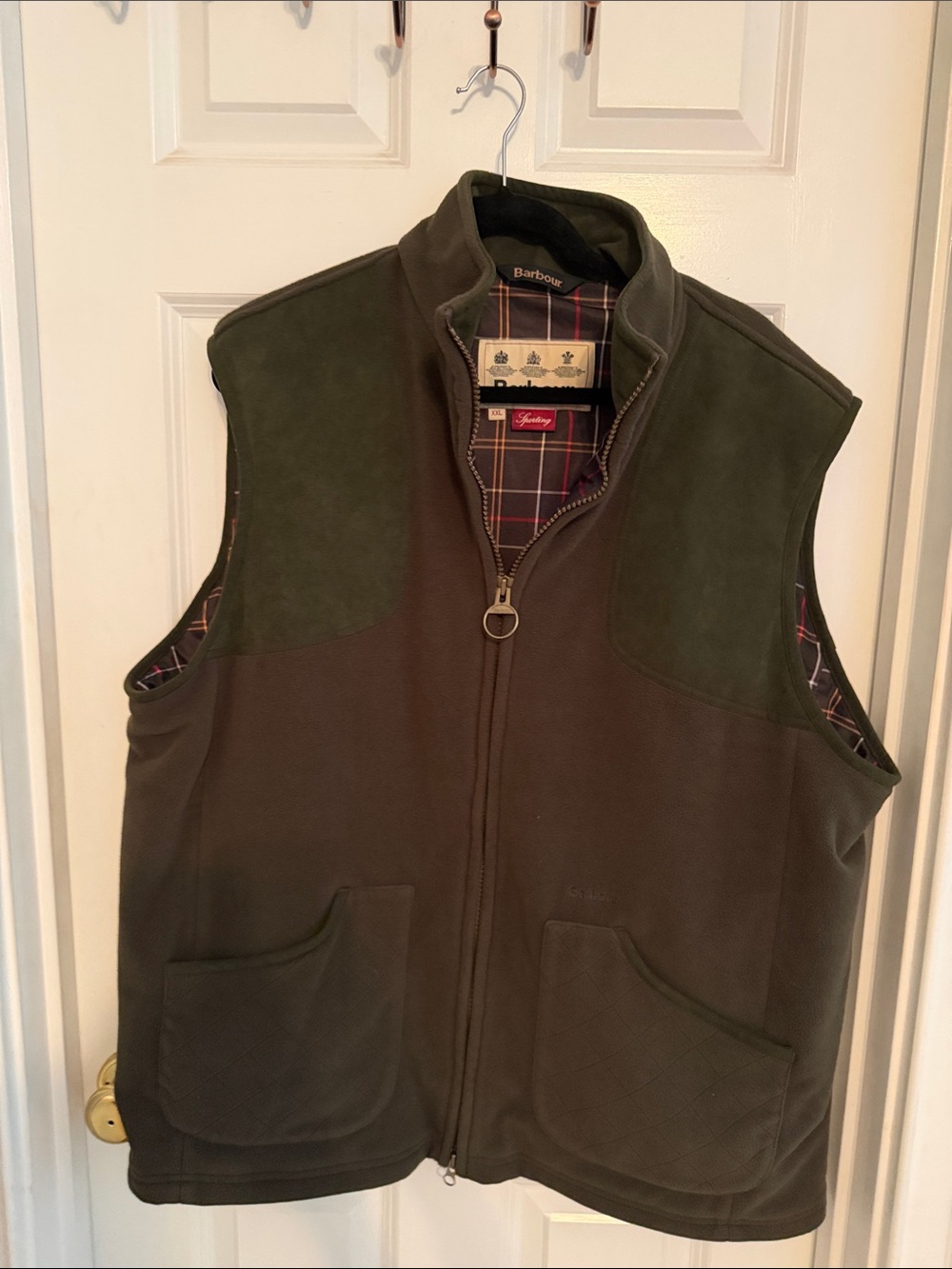 Barbour Olive Green Fleece Vest with Suede Yoke